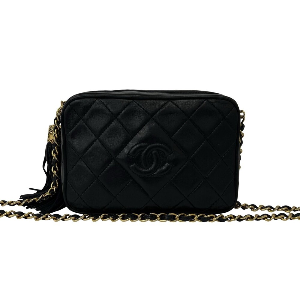 CHANEL Matelassé Coco Mark Fringe Lambskin Shoulder Bag, Black 02751